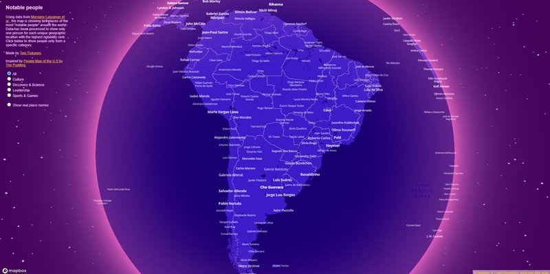 Seção do mapa interativo mostra nomes de pessoas notáveis da América do Sul