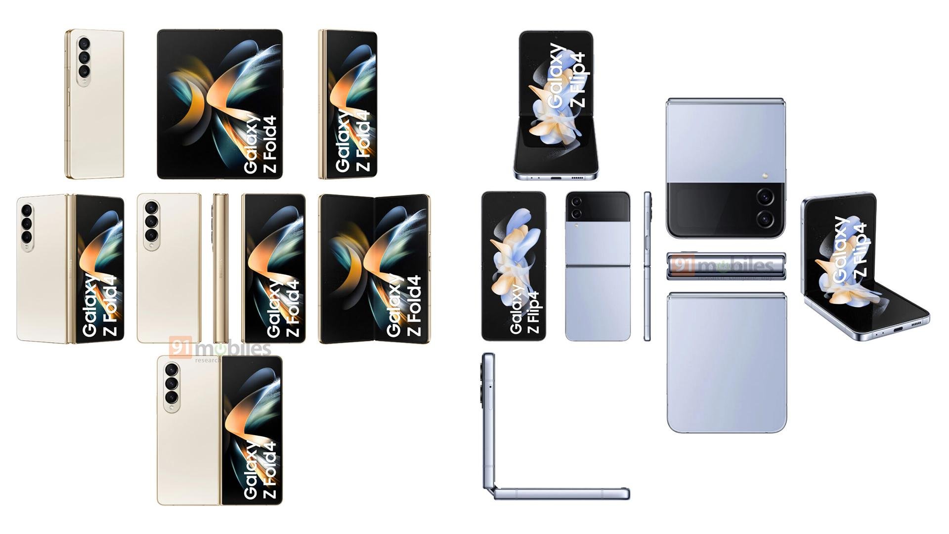 Novo visual do Galaxy Z Fold 4 (à esquerda) e Galaxy Z Flip 4 (à direita). (Fonte: 91Mobiles / Reprodução)