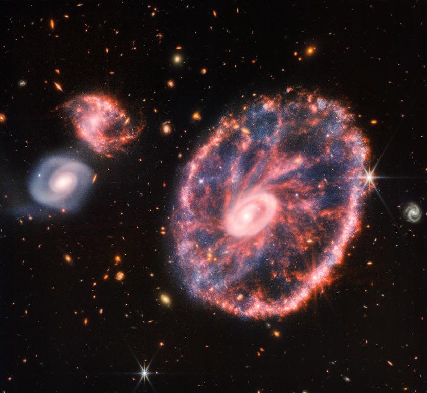 Telescópio James Webb fotografou a galáxia Cartwheel com o equipamento NIRCam (Fonte: NASA, ESA, CSA, STScI/reprodução)