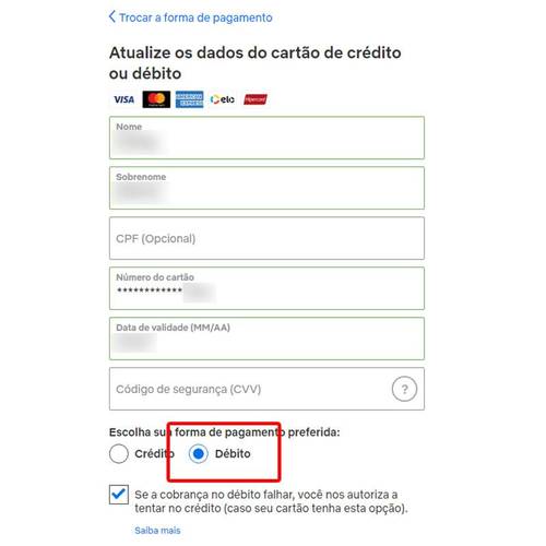 Acessando o site da plataforma, você pode optar por pagar a mensalidade da sua assinatura no débito