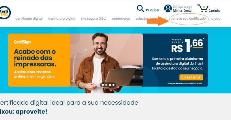 No menu superior, escolha a opção "Renove seu "certificado"