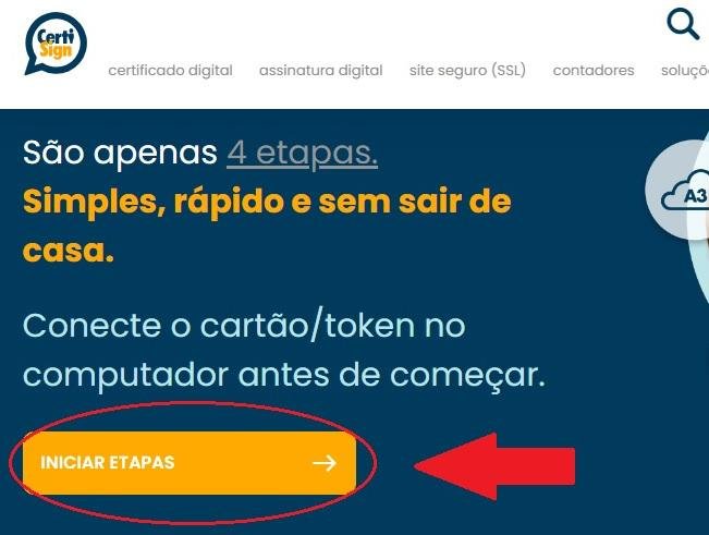 Após inserir o token, clique em "iniciar etapas" para renovar o certificado A3