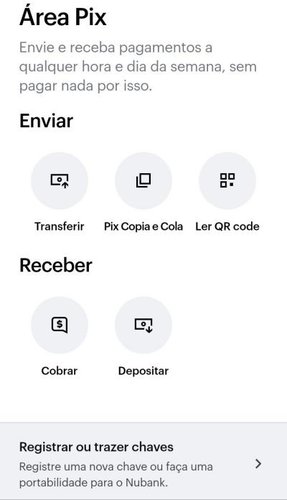 Área do PIX no app do Nubank.