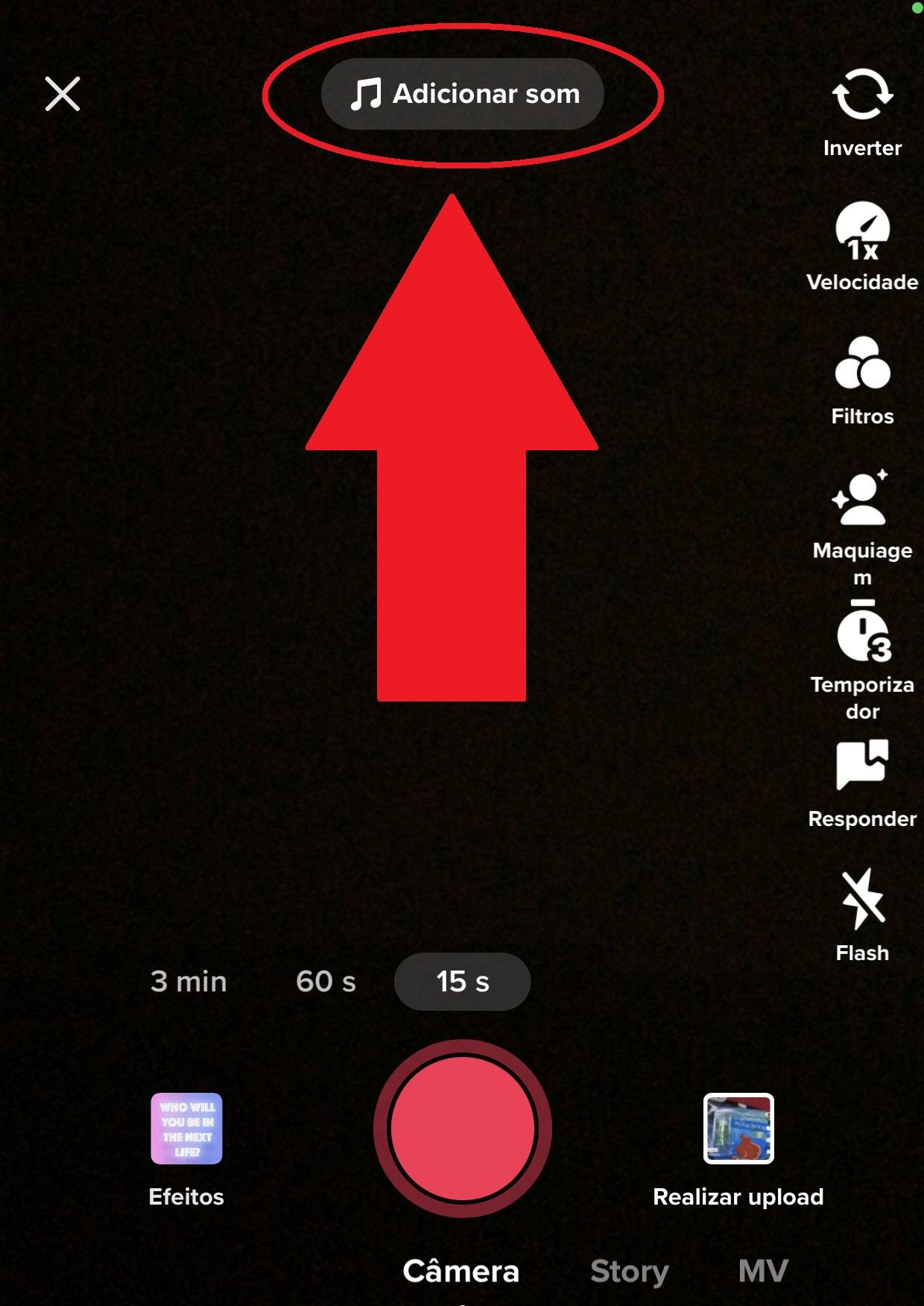O botão para adicionar uma canção ao seu vídeo fica no topo da tela