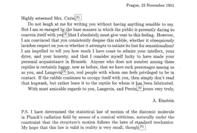 Carta de Albert Einstein enviada à Marie Curie.