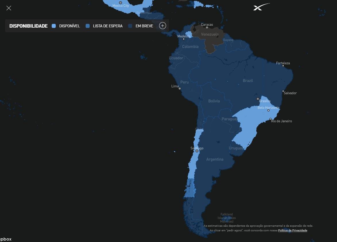 Mapa de disponibilidade Starlink na América do Sul. (Starlink)