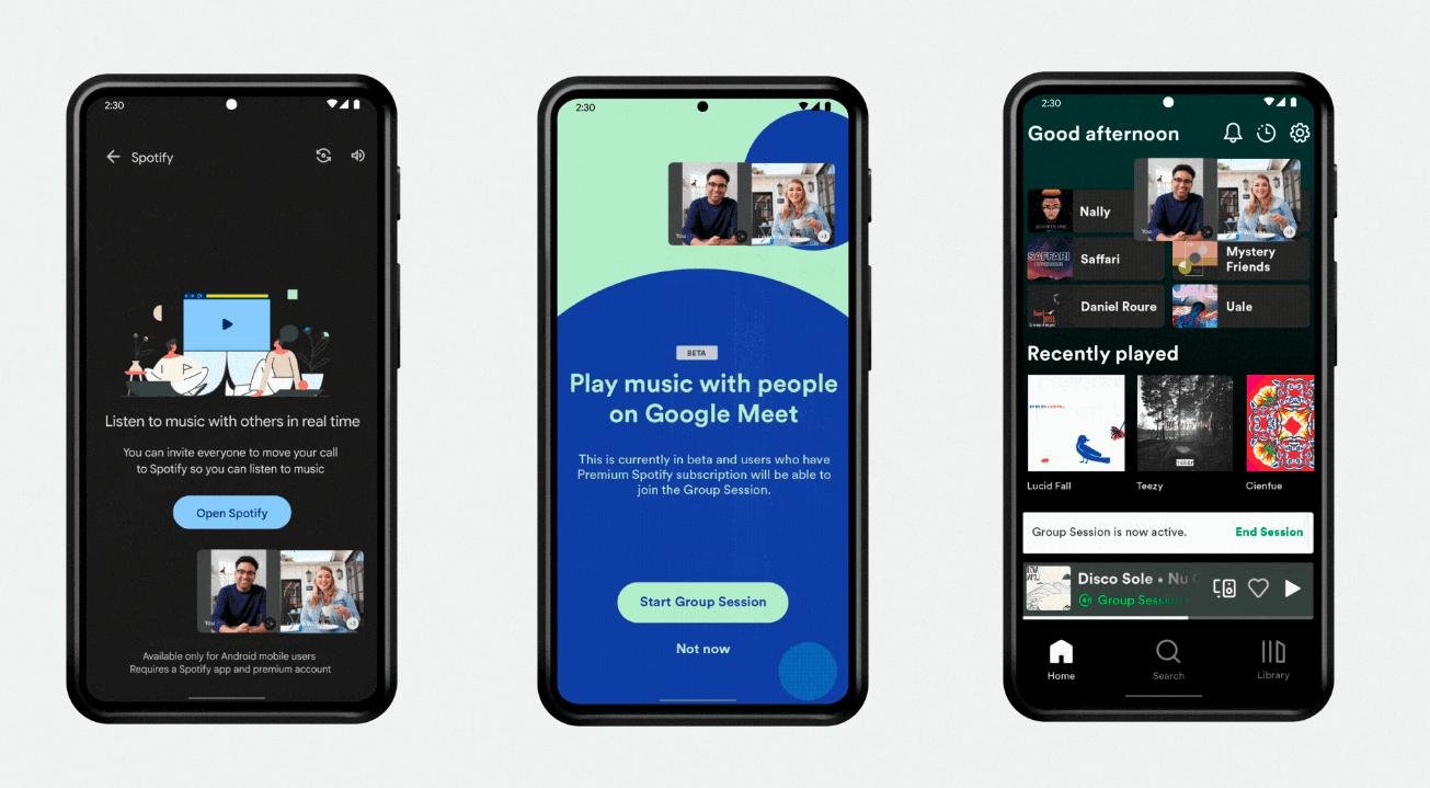 Simulação de compartilhamento do Spotify com o novo recurso do Google Meet. (Google)
