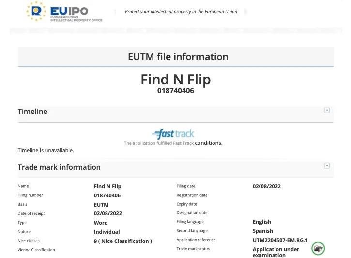 Find N Flip foi registrado em Escritório de Patentes da União Europeia.