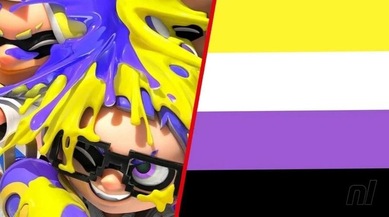 Comparação entre a imagem de divulgação para Splatoon 3 e a bandeira não-binária. (Nintendo Life)