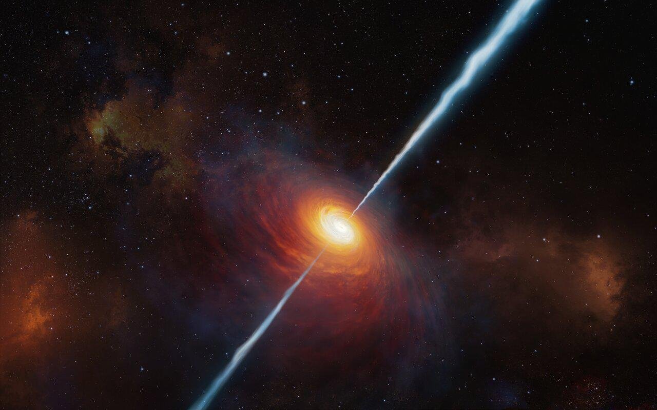 Representação artística da emissão de jatos no comprimento das ondas de rádio de um quasar