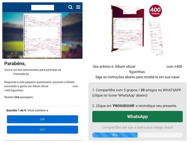 As outras promoções que levam a vítima a fazer cadastros e assinaturas em sites suspeitos — e sem receber o álbum.