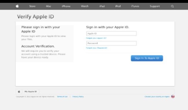 Página falsa solicitando credenciais do Apple ID.