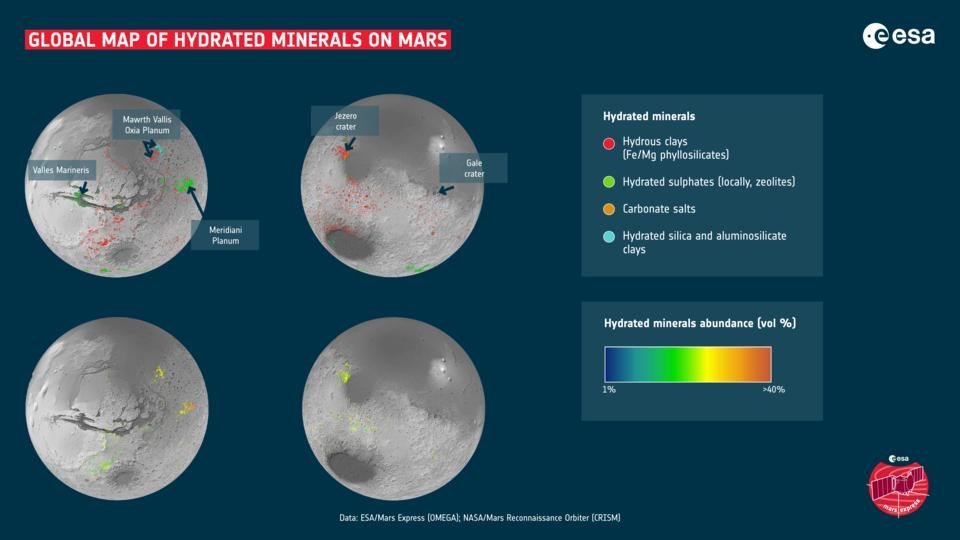 Mapa das regiões com maior concentração de minerais hidratados no planeta Marte