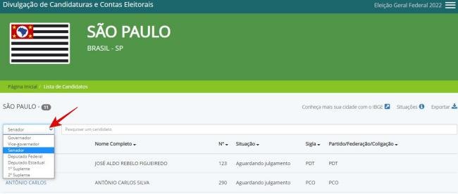 Selecionando a visualização dos candidatos ao Senado 2022.