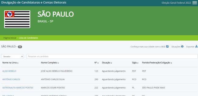 A lista dos candidatos ao Senado em São Paulo é mostrada no sistema.