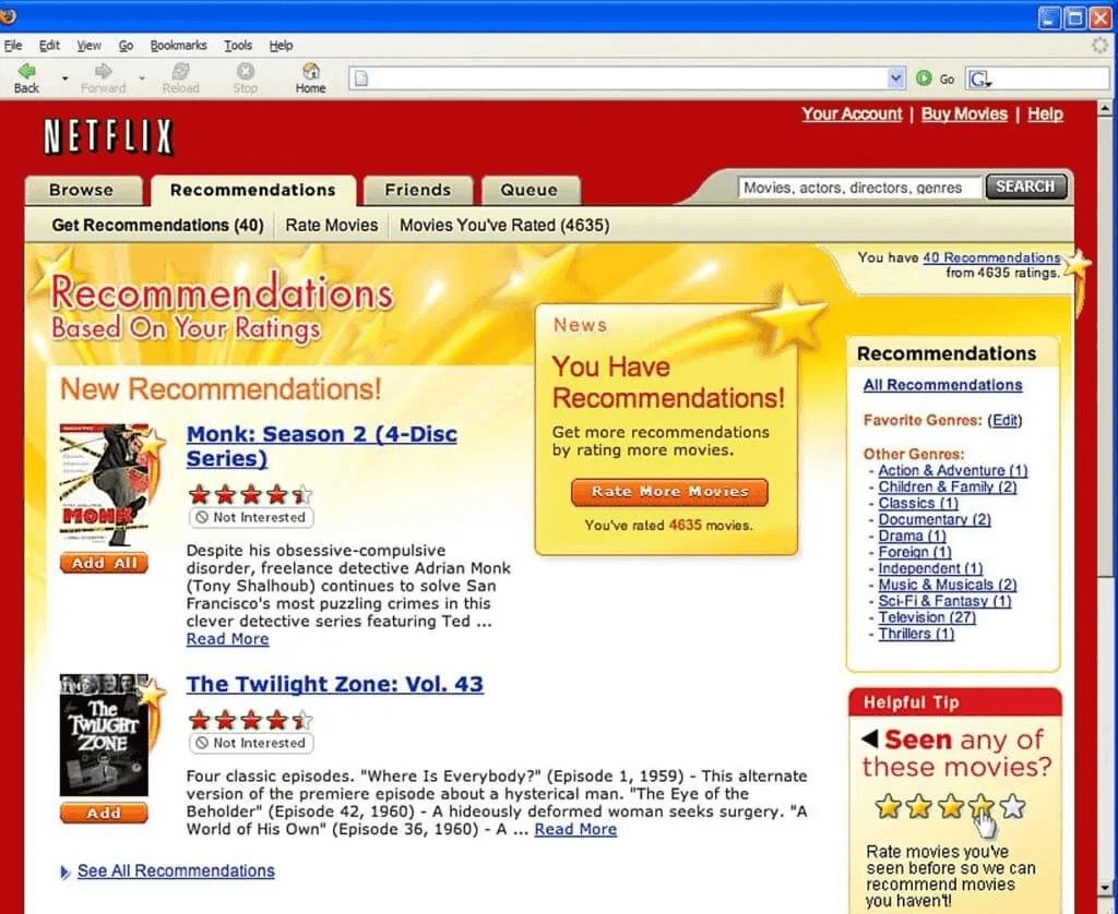 Sistema de recomendações no site da Netflix. (Netflix)
