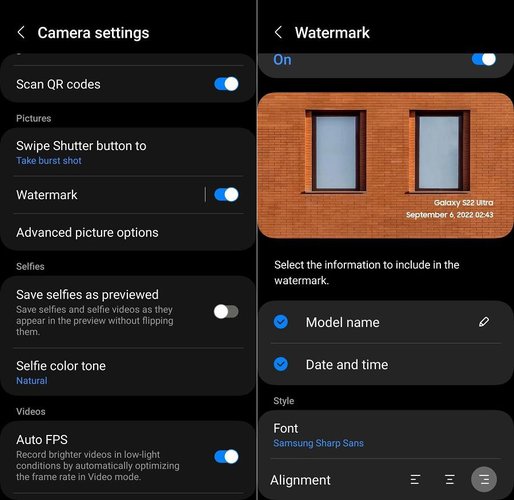 Configurações de marca d'água no menu da One UI 5.0