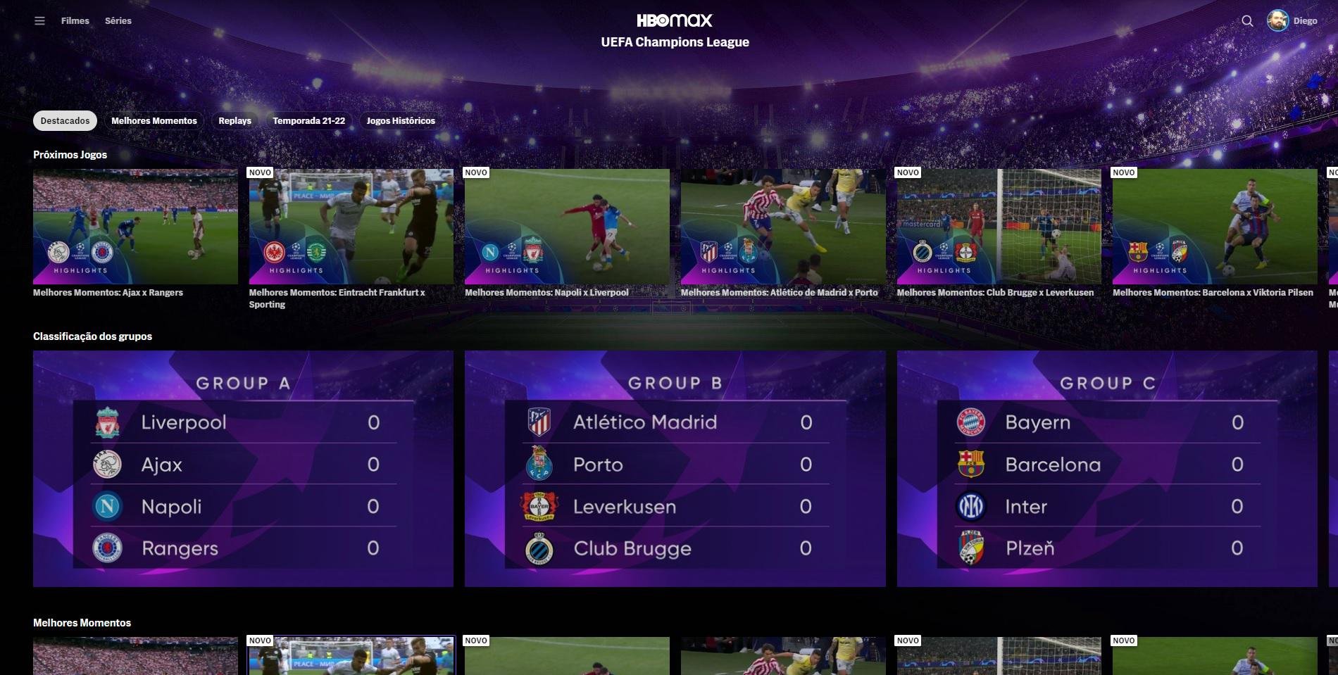 O HBO Max traz uma página totalmente dedicada a UEFA Champions League com tabela e vídeos de melhores momentos das partidas