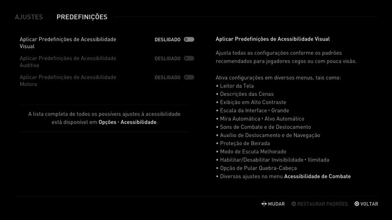 Descrição da Imagem: Tela de munu do jogo com fundo preto mostrando as opções de predefinições de acessibilidade