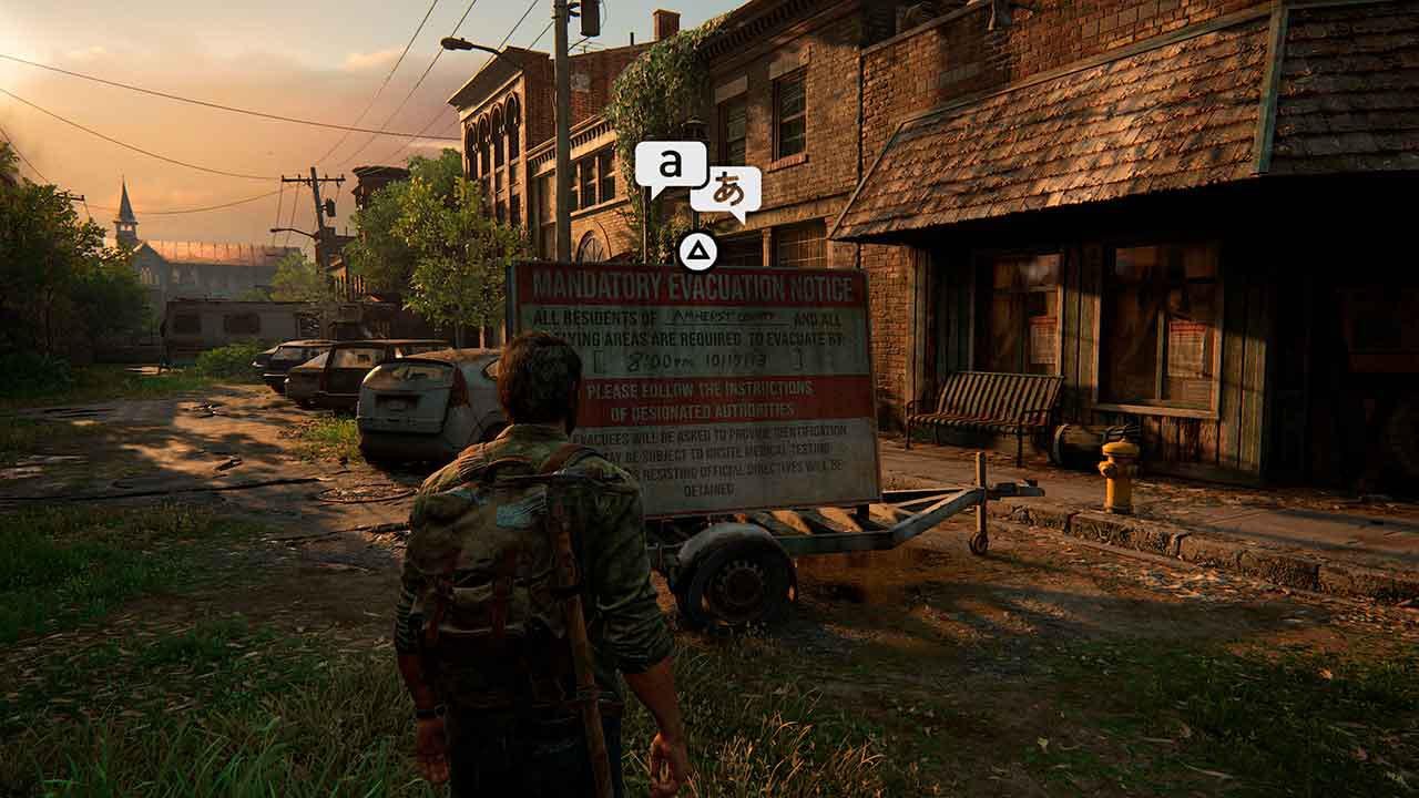 Descrição da Imagem: Cena de gameplay onde o o jogador olha para uma placa que pode ser lida pelo leitor de tela