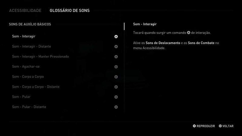 Descrição da Imagem: Menu com o amostras de sons indicativos do jogo