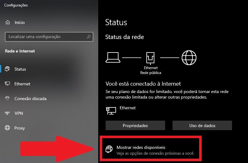 Procure na opção de redes disponíveis a sua conexão via cabo USB