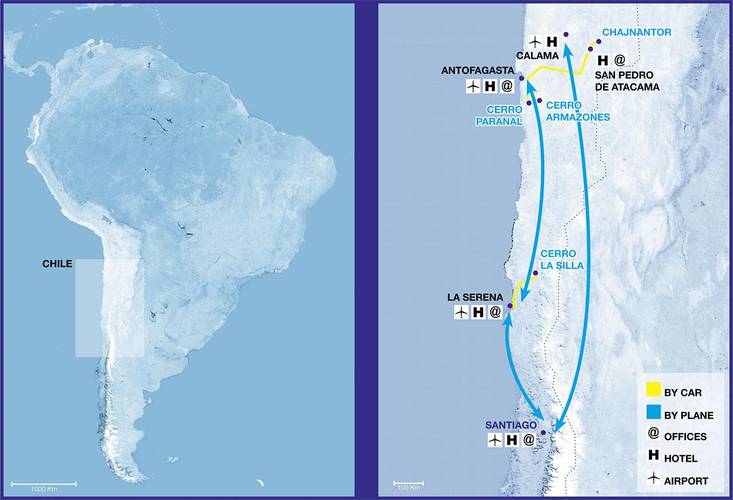 Locais de observação do ESO no Chile.