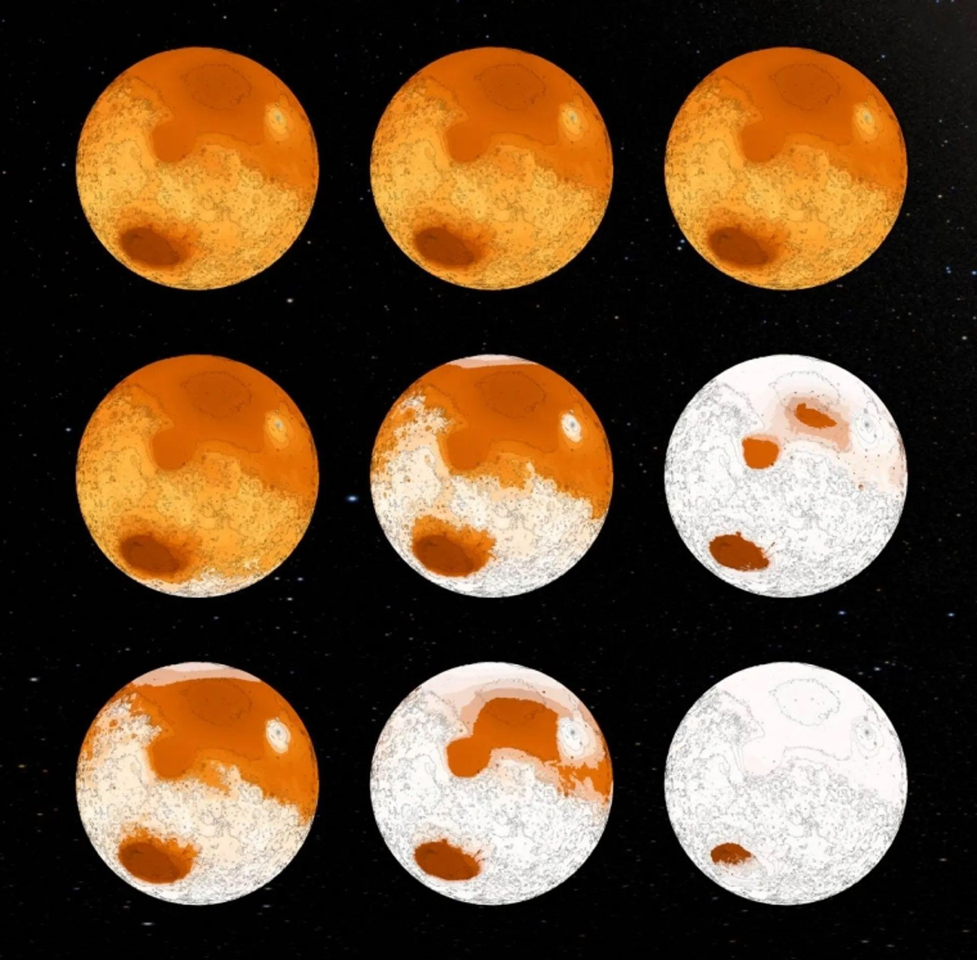 Modelos de Marte feitos pelos autores mostrando a era do gelo resultando da ação de micróbios. (Fonte: Sauterey et al./Divulgação.)