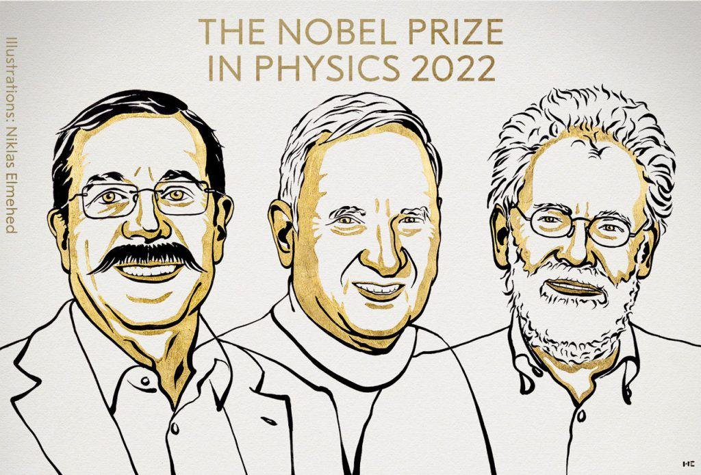Os físicos Alain Aspect, John Clauser e Anton Zeilinger laureados com o Nobel deste ano.