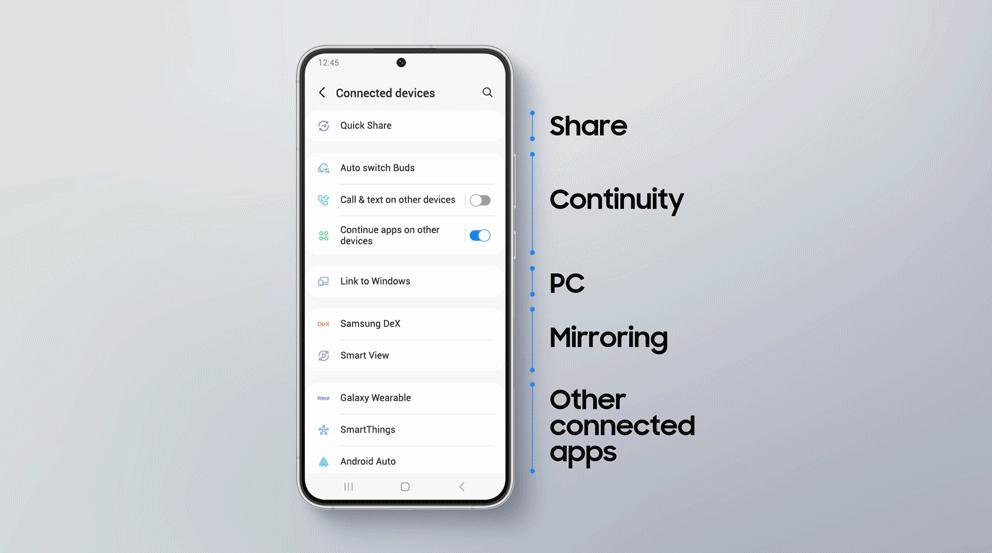 O One UI 5 melhora o gerenciamento dos dispositivos conectados ao telefone.