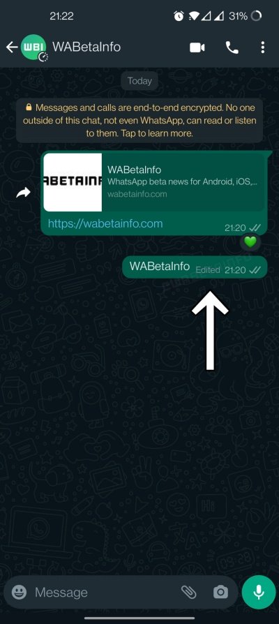 Mensagem editada no WhatsApp aparece sinalizada na tela do bate-papo.