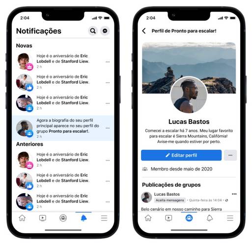 Atualizações no perfil de Grupo.