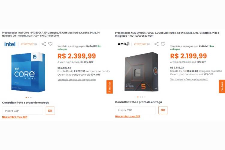 i5-13600KF e Ryzen 5 7600X empatam também em preço, sendo necessário avaliar custo total do sistema.