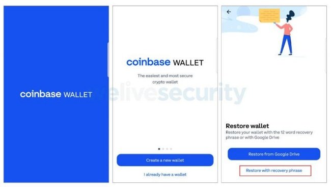 App falso tentando ter acesso à frase semente da Coinbase.