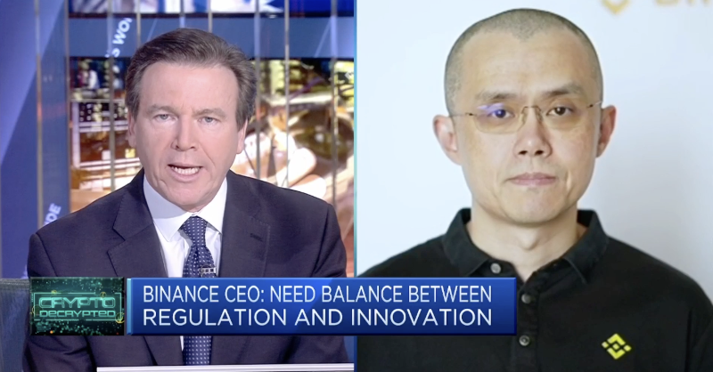 O âncora Geoff Cutmore entrevista o CEO da Binance, Changpeng Zhao. (Fonte: Binance/Twitter/Divulgação.)