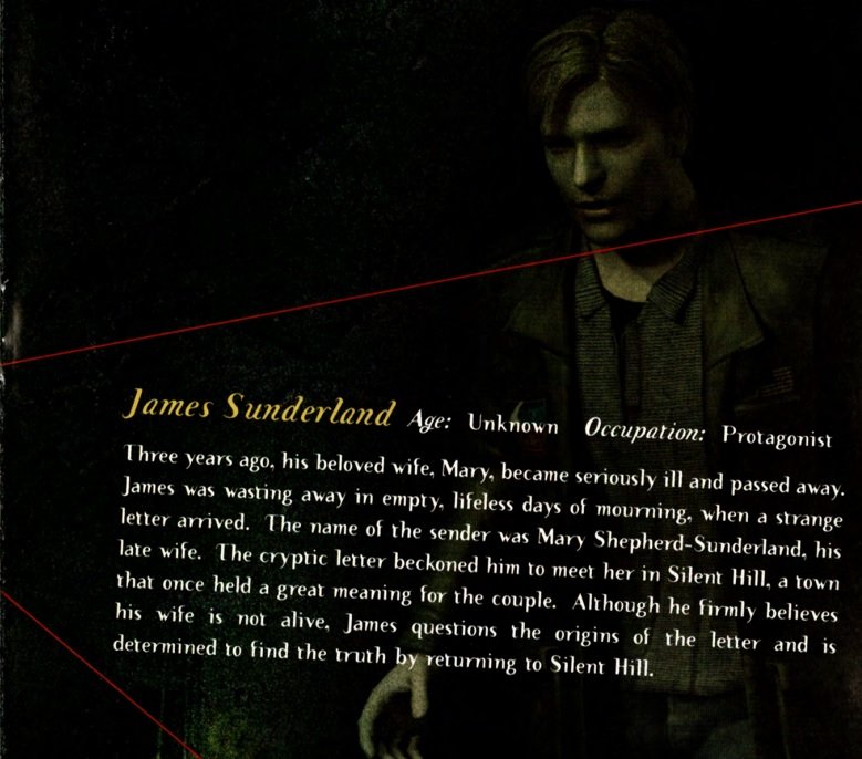 Página do manual de Silent Hill 2, que cita a profissão de James como "protagonista".