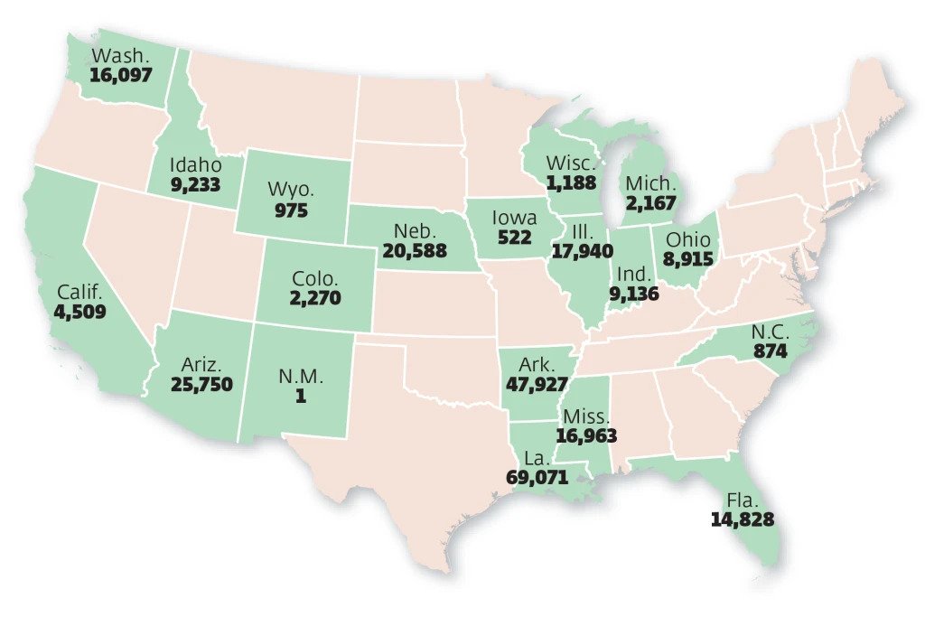 Mapa mostra os estados e a quantidade em acres adquirida por Bill Gates