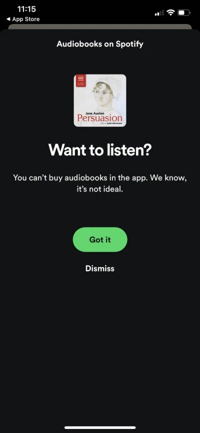 Usuários não conseguem comprar audiolivros do Spotify no iOS.
