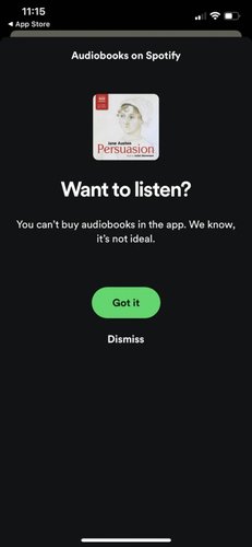 Usuários não conseguem comprar audiolivros do Spotify no iOS.