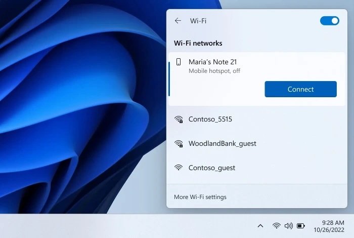 Wi-Fi do hotspot do celular aparecendo entre as conexões do Windows 11.
