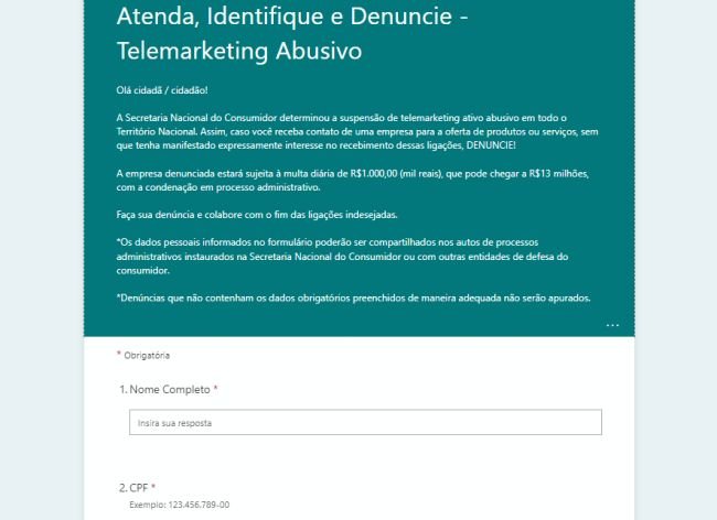 Formulário para denunciar a prática de telemarketing abusivo.