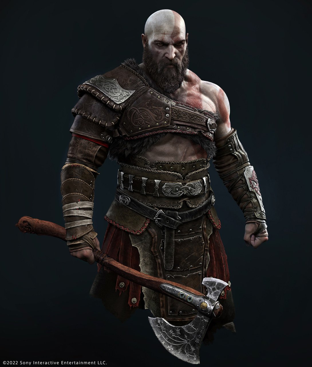 Visual de Kratos (com seu icônico machado) em God of War: Ragnarök - Imagem: Reprodução/PlayStation Blog