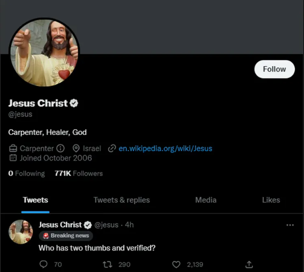 Como o verificado do Twitter Blue não exige confirmação de identidade, Jesus 