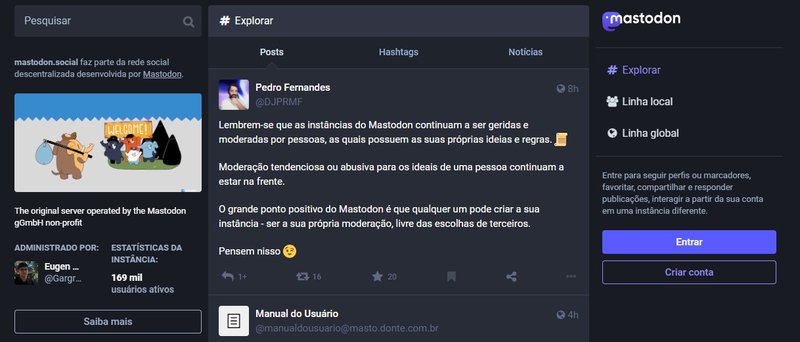 A página do Mastodon possui uma área para criação de novas contas no canto direito.