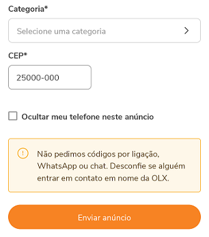 Preencha todos os detalhes do anúncio na OLX e clique em "Enviar anúncio"