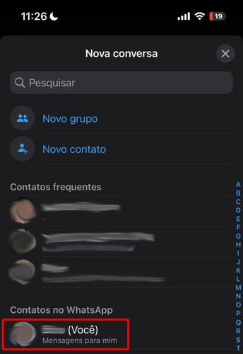 O seu próprio número de telefone já aparece na lista de contatos do WhatsApp.