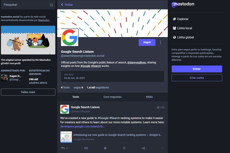 Google abre conta na rede social Mastodon.