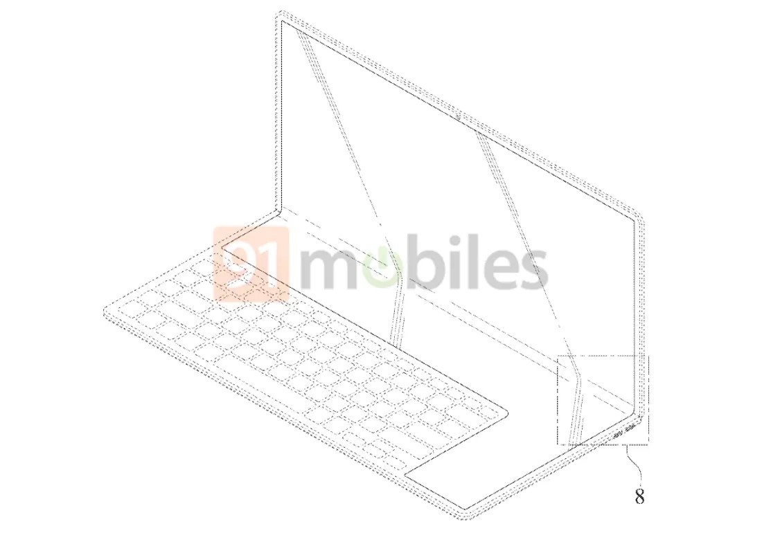 O site 91mobiles publicou as imagens da patente, mostrando o teclado virtual na tela inferior do notebook com tela dobrável da Samsung.