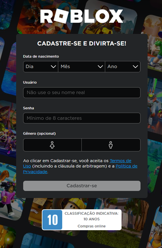 Página inicial do site do Roblox