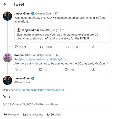 James Gunn afirmou no Twitter que jogos da DC podem se passar no mesmo universo que os filmes e séries de TV